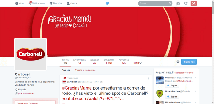 Perfil de Twitter de Carbonell personalizado para el Día de la Madre