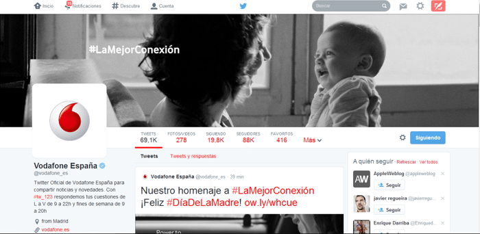 Vodafone personalizó su perfil de Twitter para el Día de la Madre