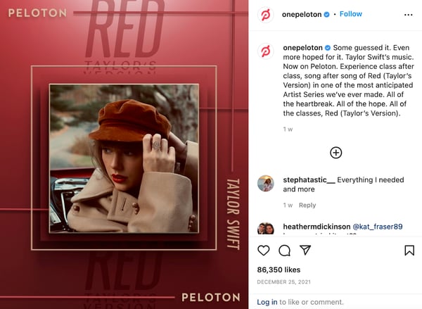 Audiense blog - publicación de Peloton en Instagram anunciando el partnership con Taylor Swift