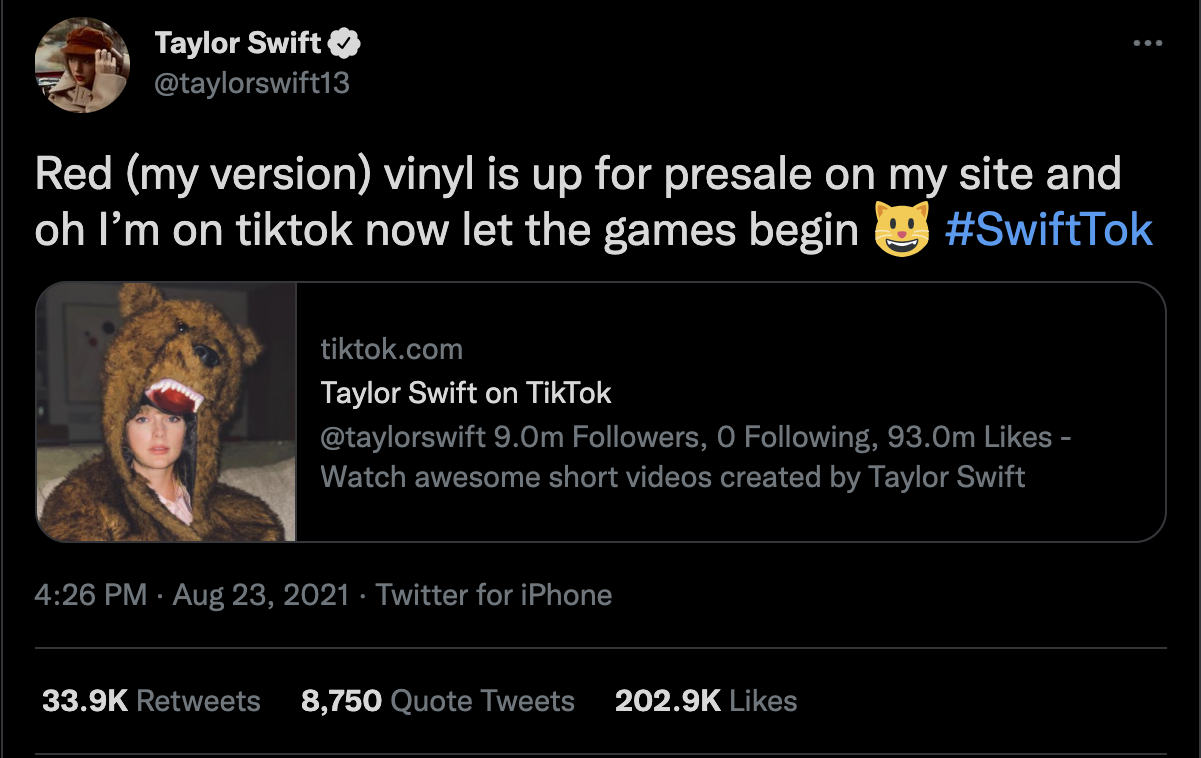 Audiense blog - tuit de Taylor anunciando su presencia en TikTok