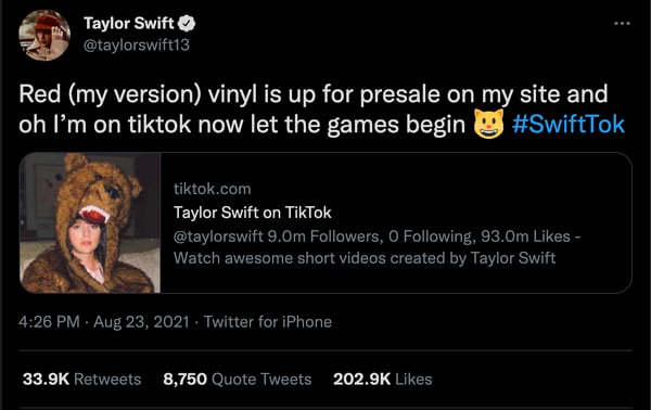 Audiense blog - tuit de Taylor anunciando su presencia en TikTok