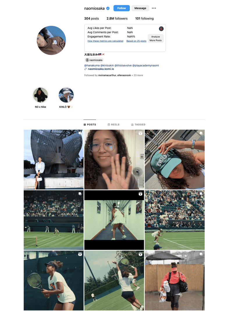 Audiense blog - imagen - Naomi Osaka perfil Instagram