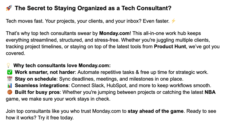 Audiense blog - imagen - copy para idea de publicación para LinkedIn para segmento consultores tech de la audiencia de Monday.com