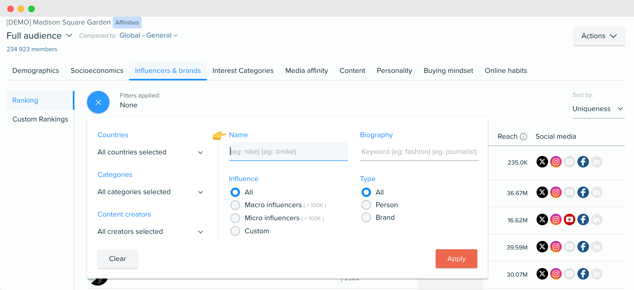 Audiense blog - imagen - pestaña de Influencers en Audiense Insights