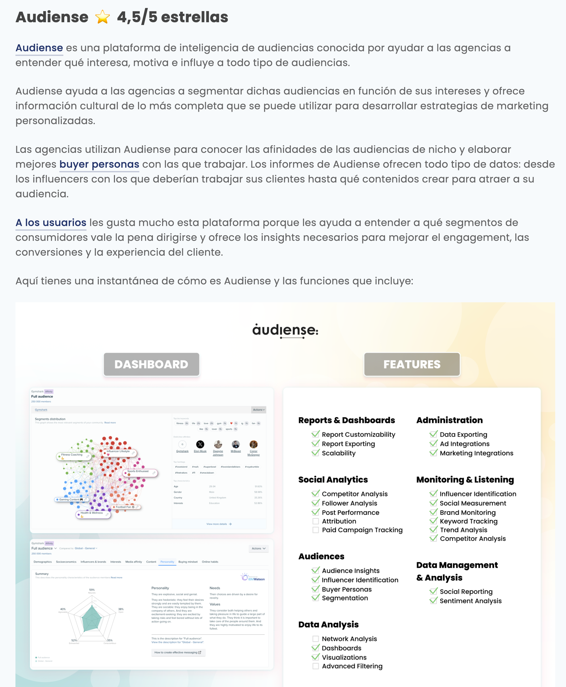 Audiense blog - imagen - resumen funcionalidades de Audiense - G2