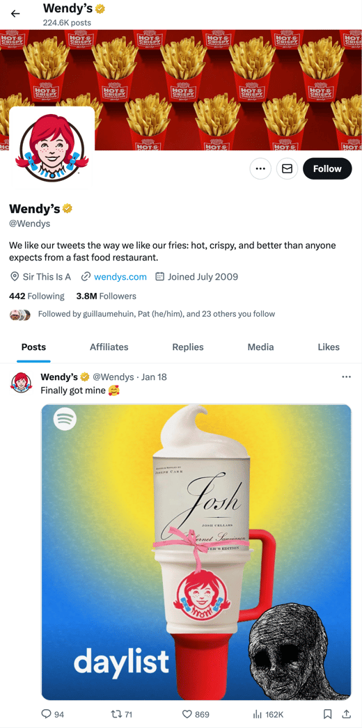 Audiense blog - perfil de Wendy's en Twitter/X